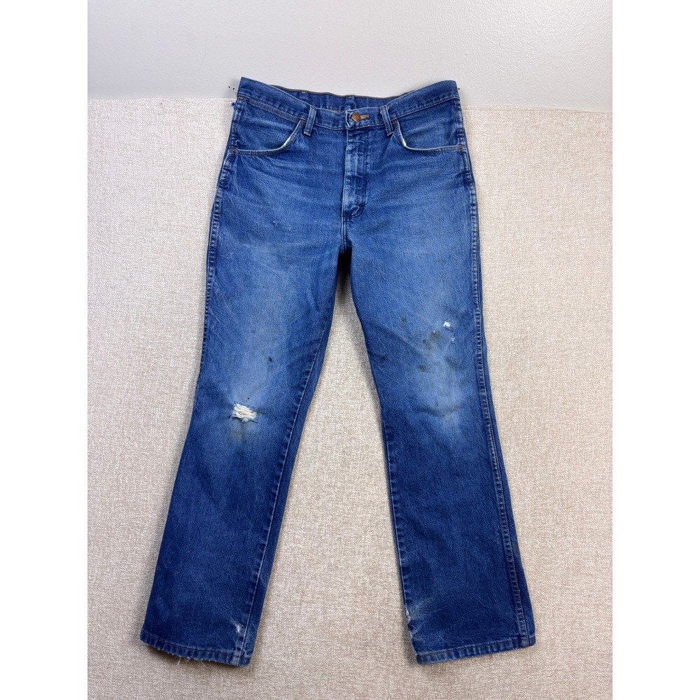 Wrangler 945NAV Cowboy Cut Distressed Blue Jeans Mens 36x31 Fits 34 Waist